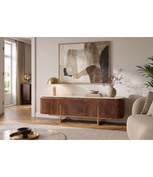 Invicta Interior TV-Meubel GATSBY 160cm retro stijl mangohout travertijn blad bruin goud - 49282
