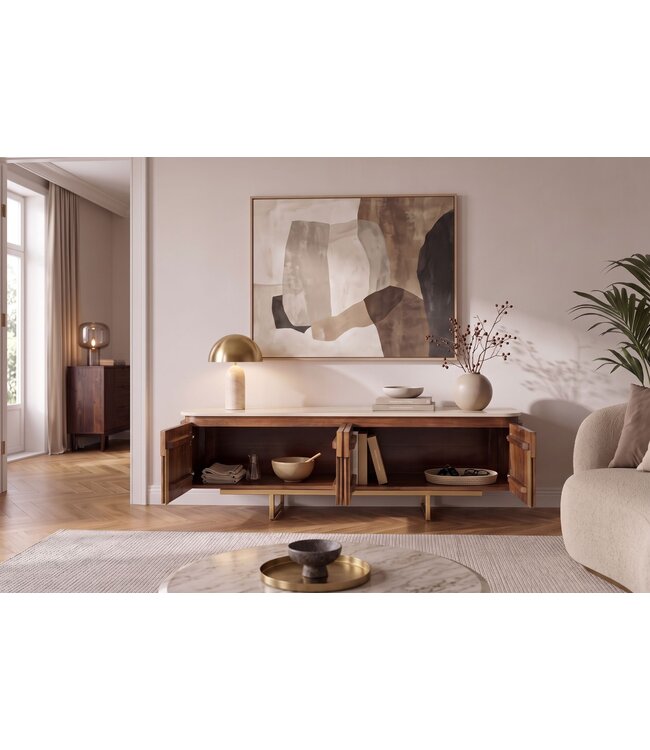 Invicta Interior TV-Meubel GATSBY 160cm retro stijl mangohout travertijn blad bruin goud - 49282