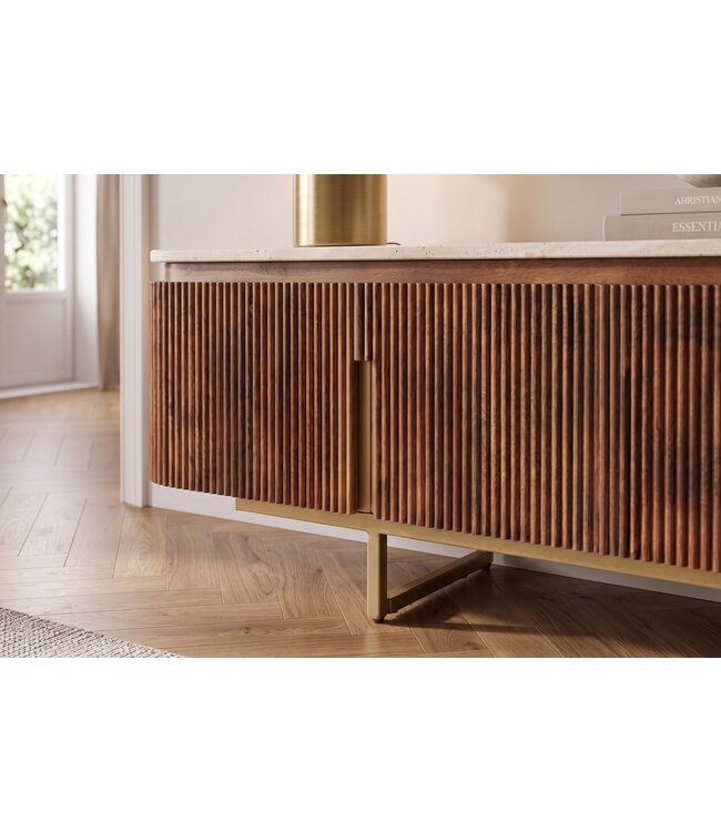 Invicta Interior TV-Meubel GATSBY 160cm retro stijl mangohout travertijn blad bruin goud - 49282