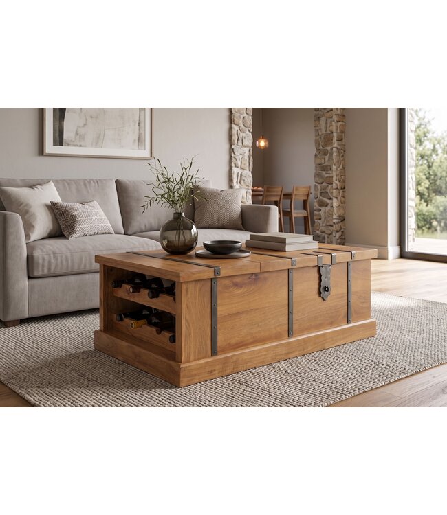 Invicta Interior Salontafel BODEGA 100cm met wijnrek en opbergruimte mangohout honing afwerking - 49355