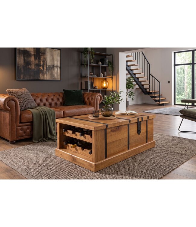 Invicta Interior Salontafel BODEGA 100cm met wijnrek en opbergruimte mangohout honing afwerking - 49355