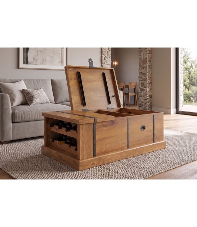 Invicta Interior Salontafel BODEGA 100cm met wijnrek en opbergruimte mangohout honing afwerking - 49355