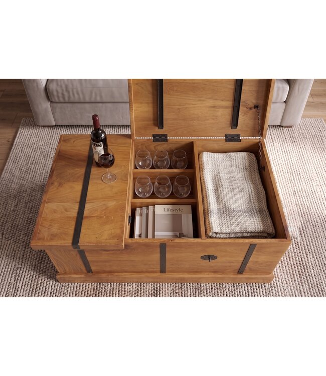 Invicta Interior Salontafel BODEGA 100cm met wijnrek en opbergruimte mangohout honing afwerking - 49355