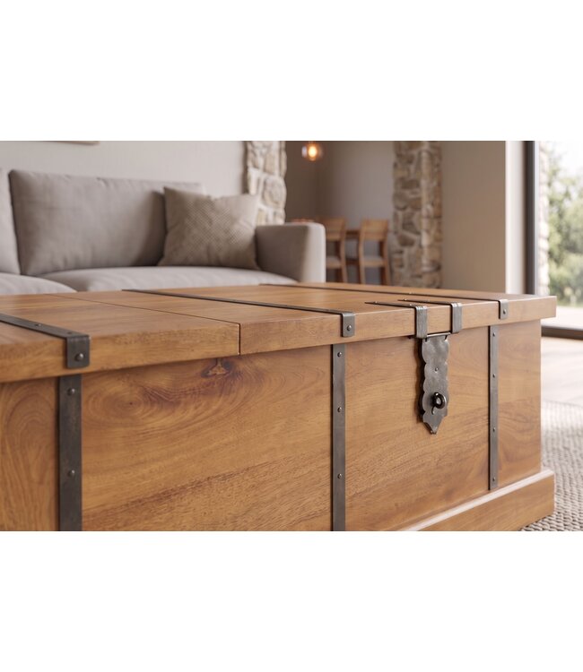 Invicta Interior Salontafel BODEGA 100cm met wijnrek en opbergruimte mangohout honing afwerking - 49355
