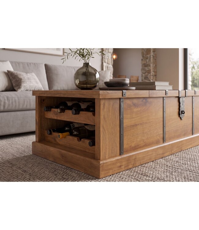 Invicta Interior Salontafel BODEGA 100cm met wijnrek en opbergruimte mangohout honing afwerking - 49355
