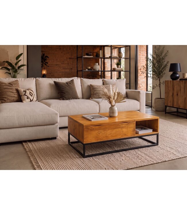 Invicta Interior Salontafel MAKASSAR FUNCTION 110cm in hoogte verstelbaar mangohout honey finish met opbergruimte - 49379