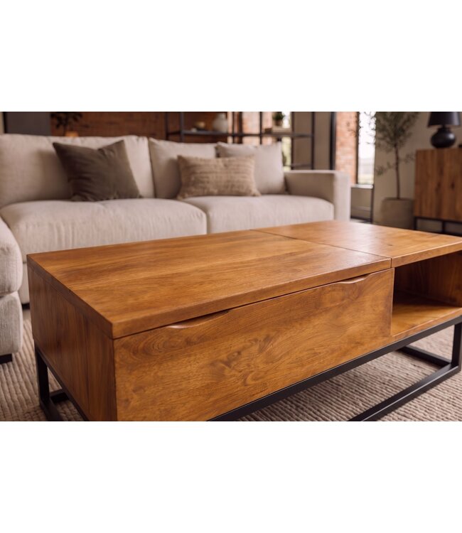 Invicta Interior Salontafel MAKASSAR FUNCTION 110cm in hoogte verstelbaar mangohout honey finish met opbergruimte - 49379
