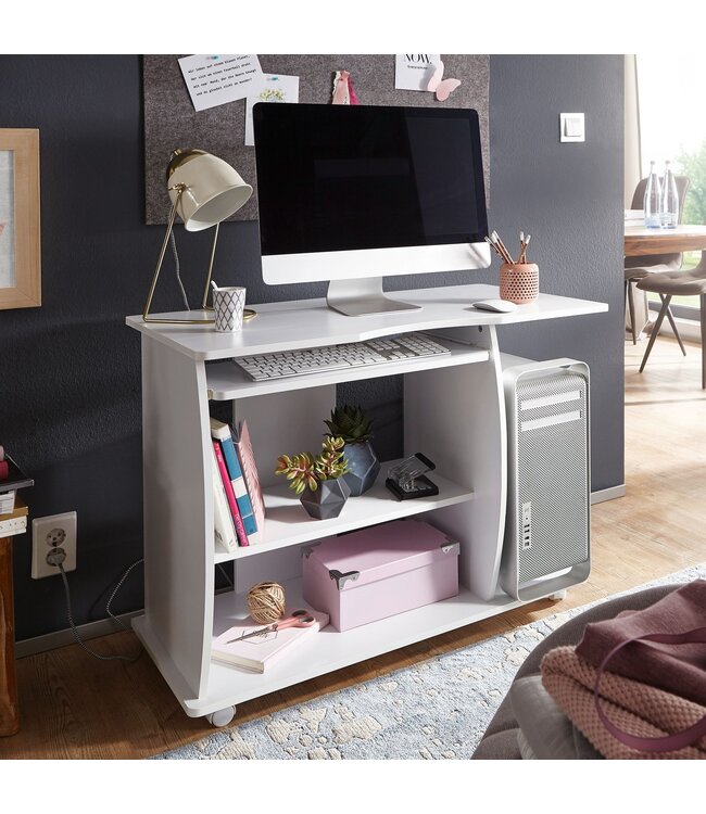 Wohnling computertafel DIANA oprolbaar White 90 x 71 x 50 cm met toetsenbordplateau | Laptop tafel op wieltjes | Pc-tafel met ruimtebesparende printer tray | Bureau voor kleine ruimtes