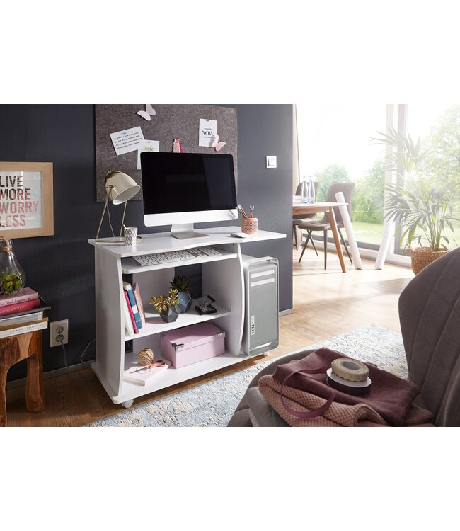 Wohnling computertafel DIANA oprolbaar White 90 x 71 x 50 cm met toetsenbordplateau | Laptop tafel op wieltjes | Pc-tafel met ruimtebesparende printer tray | Bureau voor kleine ruimtes