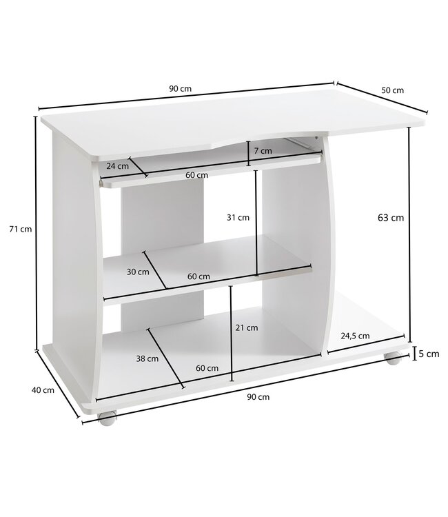 Wohnling computertafel DIANA oprolbaar White 90 x 71 x 50 cm met toetsenbordplateau | Laptop tafel op wieltjes | Pc-tafel met ruimtebesparende printer tray | Bureau voor kleine ruimtes