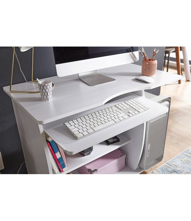 Wohnling computertafel DIANA oprolbaar White 90 x 71 x 50 cm met toetsenbordplateau | Laptop tafel op wieltjes | Pc-tafel met ruimtebesparende printer tray | Bureau voor kleine ruimtes
