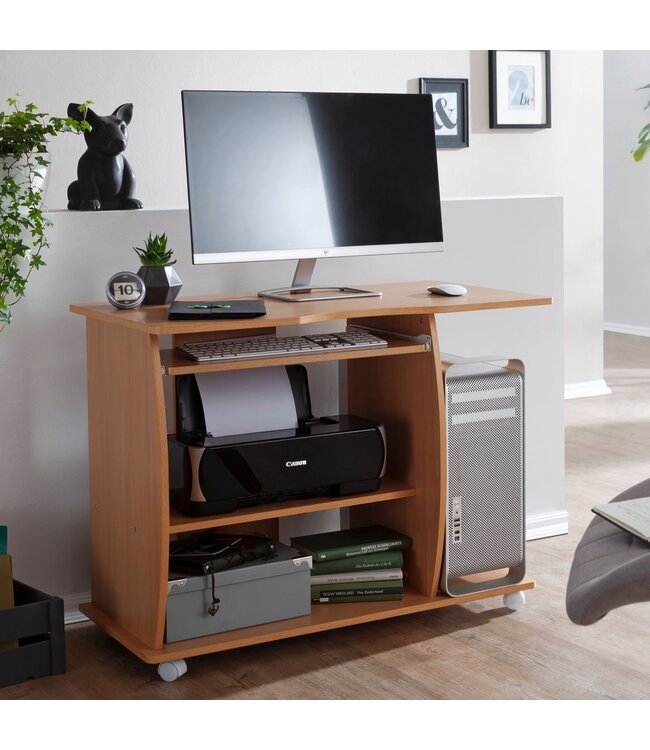 Wohnling computertafel DIANA oprolbaar Beech 90 x 71 x 50 cm met toetsenbordplateau | Laptop tafel op wieltjes | Pc-tafel met ruimtebesparende printer tray | Bureau voor kleine ruimtes