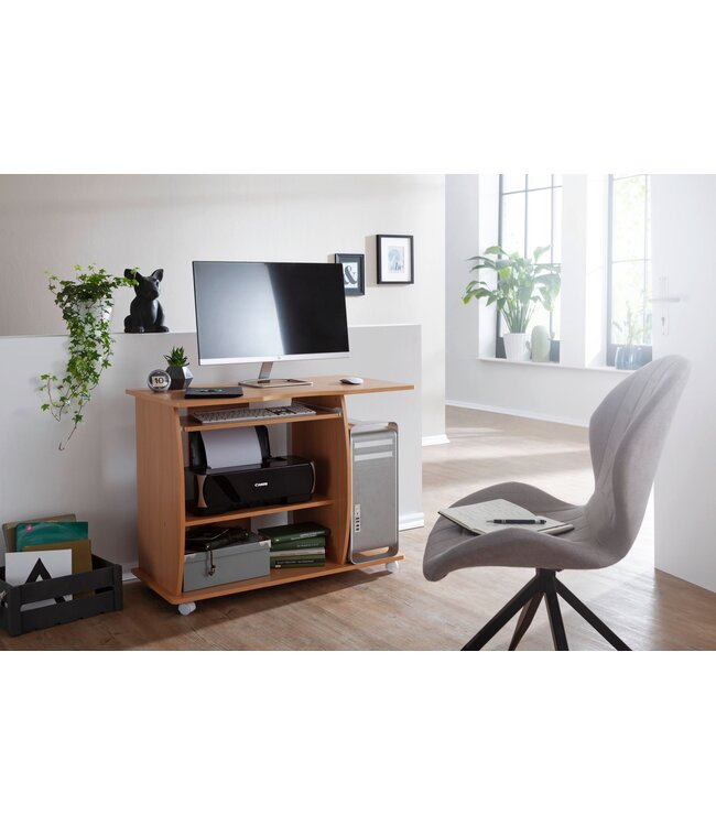 Wohnling computertafel DIANA oprolbaar Beech 90 x 71 x 50 cm met toetsenbordplateau | Laptop tafel op wieltjes | Pc-tafel met ruimtebesparende printer tray | Bureau voor kleine ruimtes