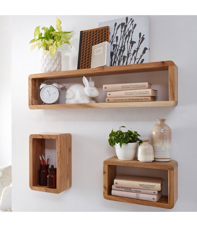 Wohnling design wandplank set van 3 BOHA massief houten planken acacia landelijke stijl | Rustieke wandplankenset hout | Hangplank vierkant echt hout | Wandplanken | Hangende dobbelstenen | Plankwanddozen vierkant