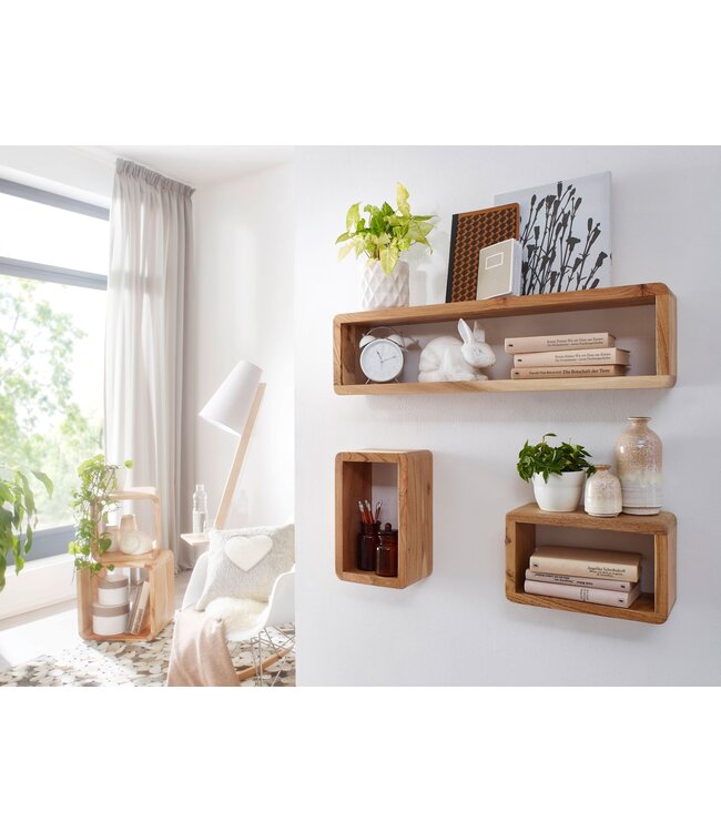 Wohnling design wandplank set van 3 BOHA massief houten planken acacia landelijke stijl | Rustieke wandplankenset hout | Hangplank vierkant echt hout | Wandplanken | Hangende dobbelstenen | Plankwanddozen vierkant