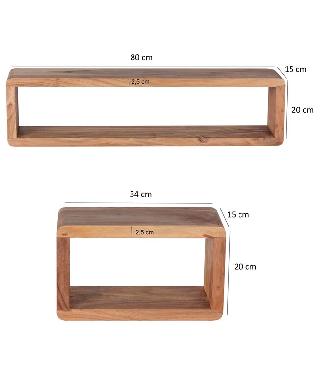 Wohnling design wandplank set van 3 BOHA massief houten planken acacia landelijke stijl | Rustieke wandplankenset hout | Hangplank vierkant echt hout | Wandplanken | Hangende dobbelstenen | Plankwanddozen vierkant