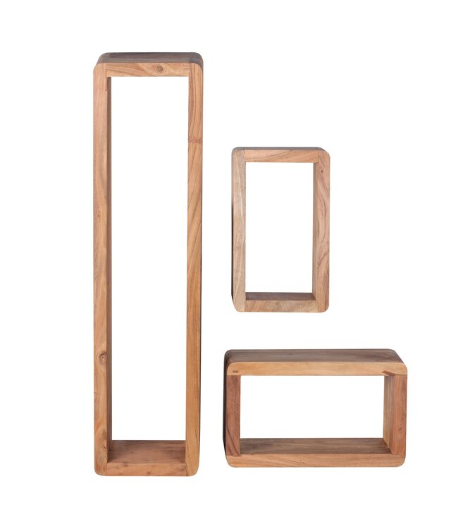 Wohnling design wandplank set van 3 BOHA massief houten planken acacia landelijke stijl | Rustieke wandplankenset hout | Hangplank vierkant echt hout | Wandplanken | Hangende dobbelstenen | Plankwanddozen vierkant