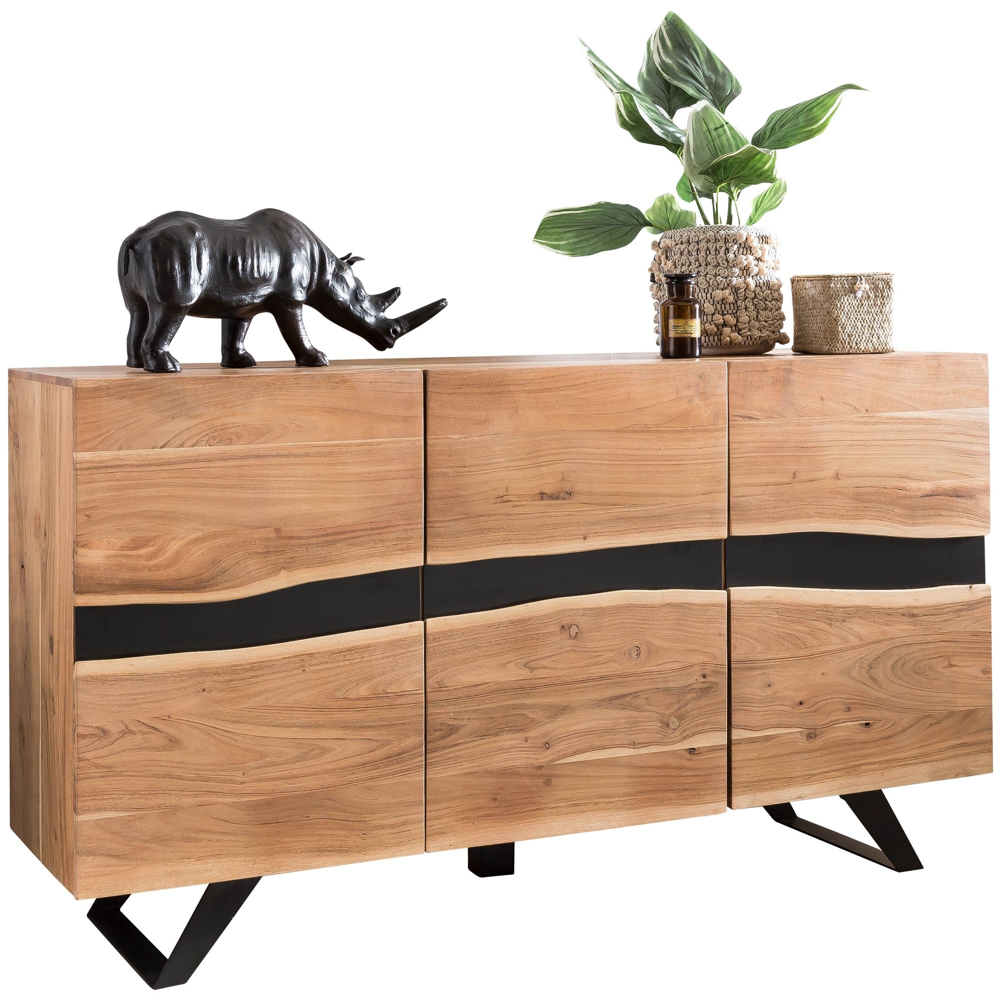 Dressoir 148 x 85 x 43 cm Massief Acaciahout Natuurlijke Boomrand Dressoir, Landelijke Stijl Highboa