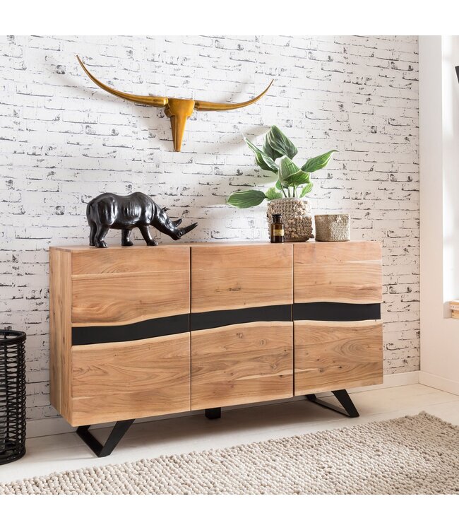 Wohnling Dressoir 148 x 85 x 43 cm Massief Acaciahout Natuurlijke Boomrand Dressoir, Landelijke Stijl Highboard met 3 Deuren, Hal Kast Commode