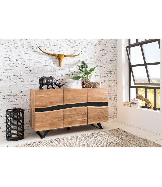 Wohnling Dressoir 148 x 85 x 43 cm Massief Acaciahout Natuurlijke Boomrand Dressoir, Landelijke Stijl Highboard met 3 Deuren, Hal Kast Commode