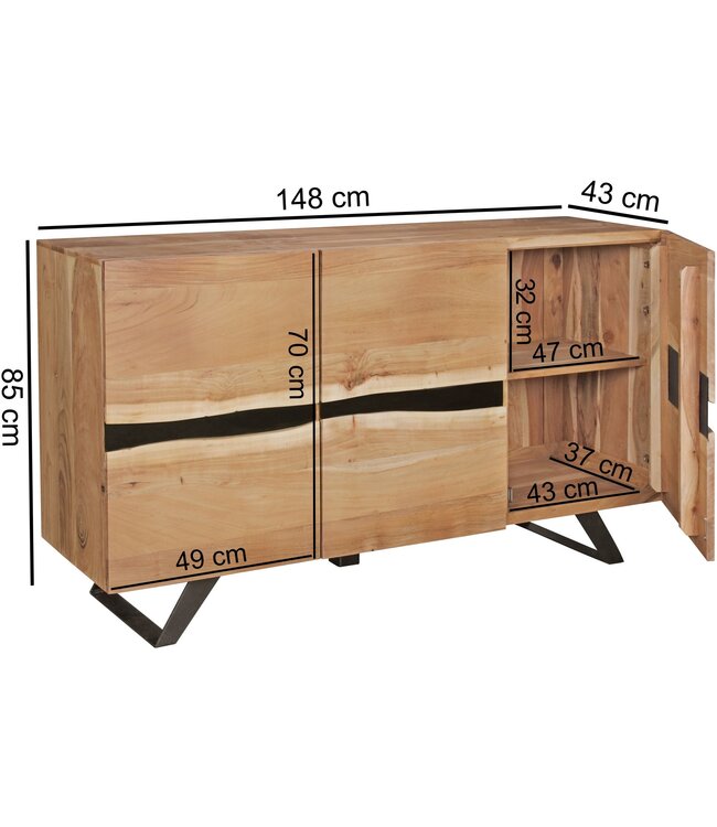 Wohnling Dressoir 148 x 85 x 43 cm Massief Acaciahout Natuurlijke Boomrand Dressoir, Landelijke Stijl Highboard met 3 Deuren, Hal Kast Commode