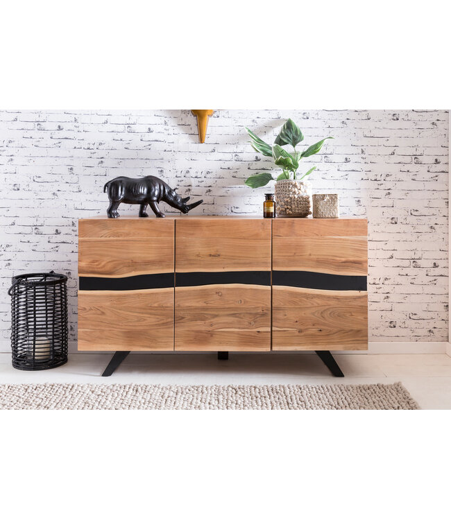 Wohnling Dressoir 148 x 85 x 43 cm Massief Acaciahout Natuurlijke Boomrand Dressoir, Landelijke Stijl Highboard met 3 Deuren, Hal Kast Commode