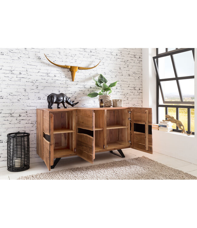 Wohnling Dressoir 148 x 85 x 43 cm Massief Acaciahout Natuurlijke Boomrand Dressoir, Landelijke Stijl Highboard met 3 Deuren, Hal Kast Commode
