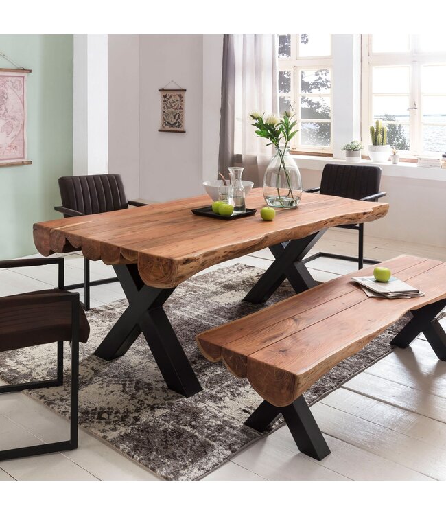 Wohnling eettafel 200 x 100 x 77 cm acacia landelijke stijl all-hout | Ontwerp eettafel rechthoekige | Tafel voor boomstam eetkamer | Kitchen Table 8 personen