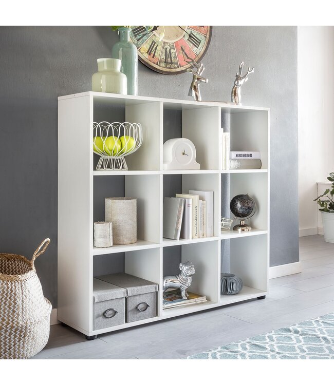 Wohnling Design Boekenkast met 9 vakken Wit 108 x 104 x 29 cm, Vrijstaand Houten Rek, Dossierrek Roomdivider Kubusrek modern, Open Opbergrek