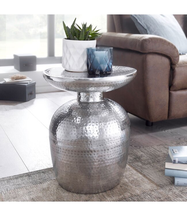 Wohnling bijzettafel DELYLA aluminium 36 x 46 x 36 cm tafel zilver oosters rond | Designtafel design metaal modern | Kleine tafel | Kleine Hammerschlag Abstelltisch