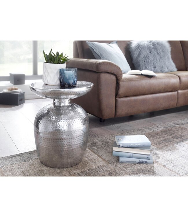 Wohnling bijzettafel DELYLA aluminium 36 x 46 x 36 cm tafel zilver oosters rond | Designtafel design metaal modern | Kleine tafel | Kleine Hammerschlag Abstelltisch