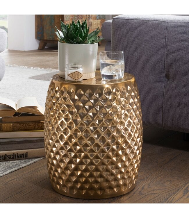 Wohnling SITA 32x42x32 cm aluminium serveertafel goud oosterse rond | Plat gehamerd koffietafeltje metaal Design Salontafel Modern | Indieningstafel Indiase telefoontafel