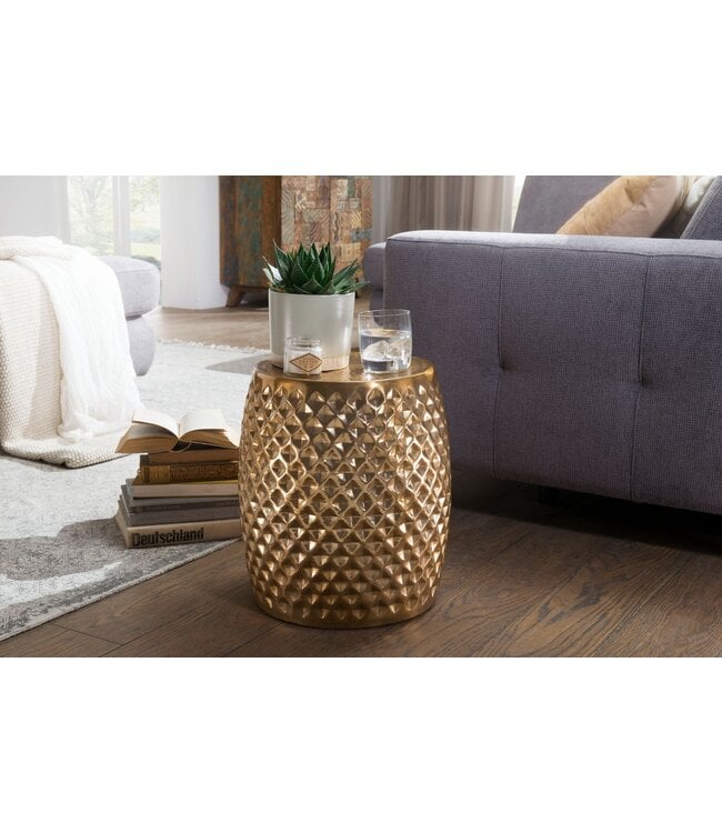 Wohnling SITA 32x42x32 cm aluminium serveertafel goud oosterse rond | Plat gehamerd koffietafeltje metaal Design Salontafel Modern | Indieningstafel Indiase telefoontafel