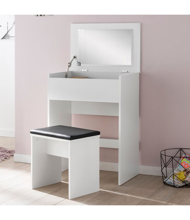 Wohnling WL5.730 60x81x40 cm Wit Console Tafel Hout Modern | Cosmetische tafel met kruk en spiegel | Witte kaptafel met opklapbaar compartiment | Moderne make-uptafel meisje groot