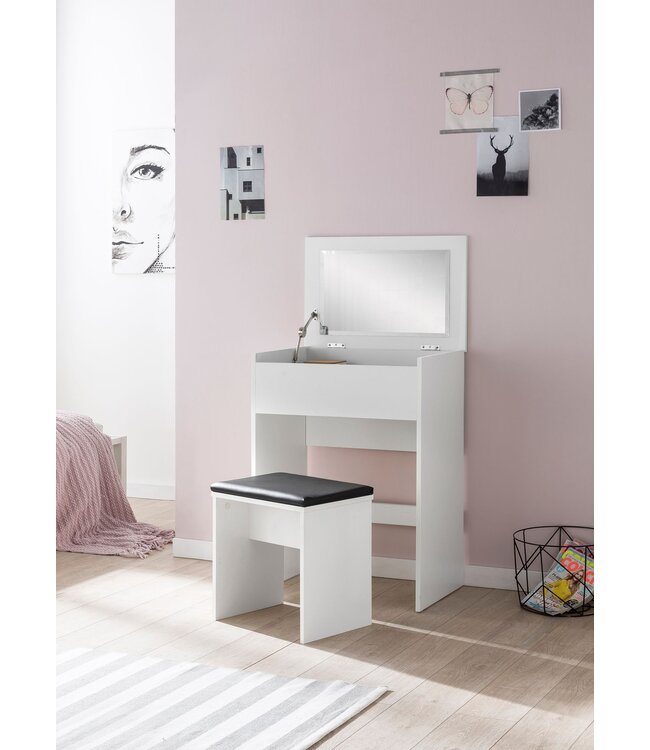 Wohnling WL5.730 60x81x40 cm Wit Console Tafel Hout Modern | Cosmetische tafel met kruk en spiegel | Witte kaptafel met opklapbaar compartiment | Moderne make-uptafel meisje groot