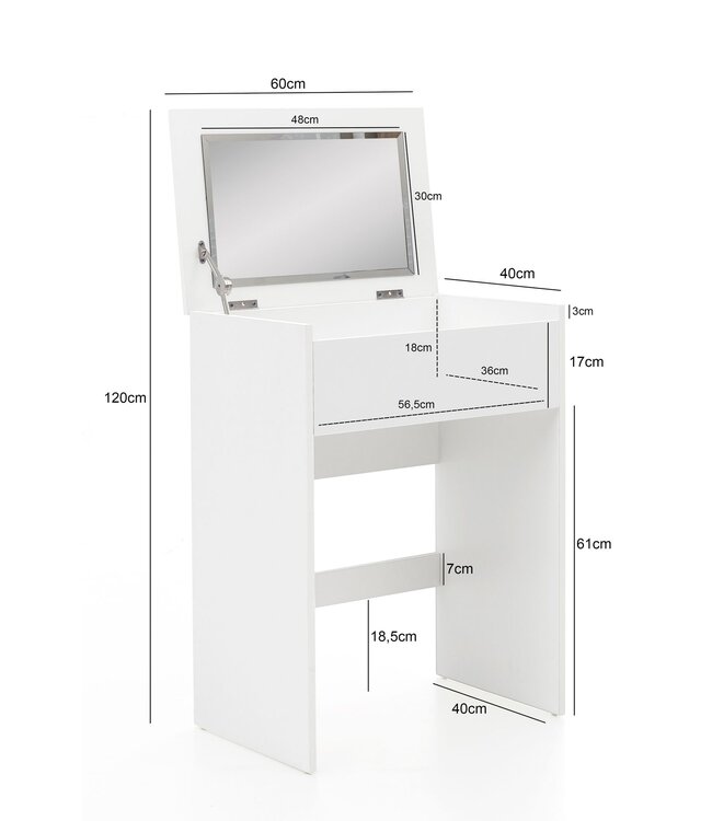 Wohnling WL5.730 60x81x40 cm Wit Console Tafel Hout Modern | Cosmetische tafel met kruk en spiegel | Witte kaptafel met opklapbaar compartiment | Moderne make-uptafel meisje groot