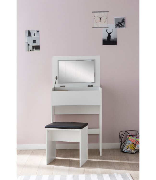 Wohnling WL5.730 60x81x40 cm Wit Console Tafel Hout Modern | Cosmetische tafel met kruk en spiegel | Witte kaptafel met opklapbaar compartiment | Moderne make-uptafel meisje groot