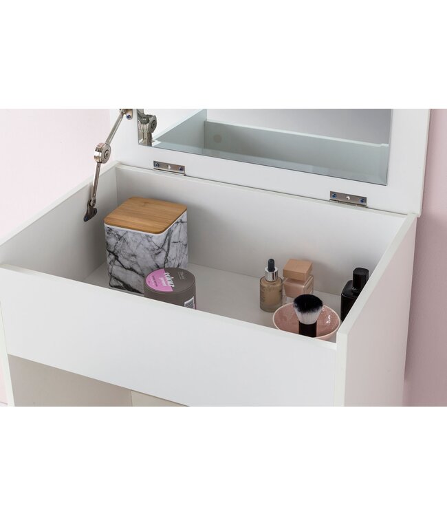 Wohnling WL5.730 60x81x40 cm Wit Console Tafel Hout Modern | Cosmetische tafel met kruk en spiegel | Witte kaptafel met opklapbaar compartiment | Moderne make-uptafel meisje groot