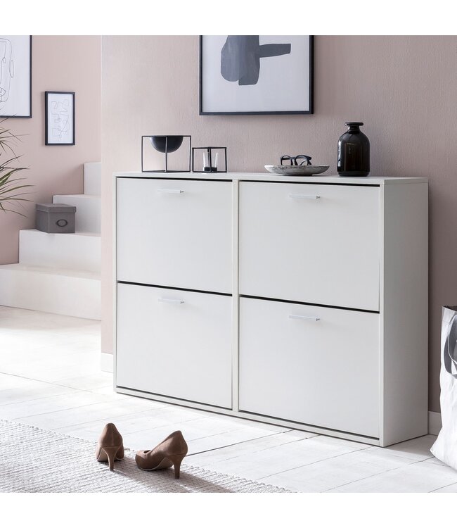 Wohnling Schoenenkast WL5.829 Modern 120 x 81 x 24 cm Houten Schoenenrek Wit 4 Vakken, Schoenlade Halmeubel met Plank, Design Schoenkipper Schoenopberger, Hoge Halcommode voor Schoenen