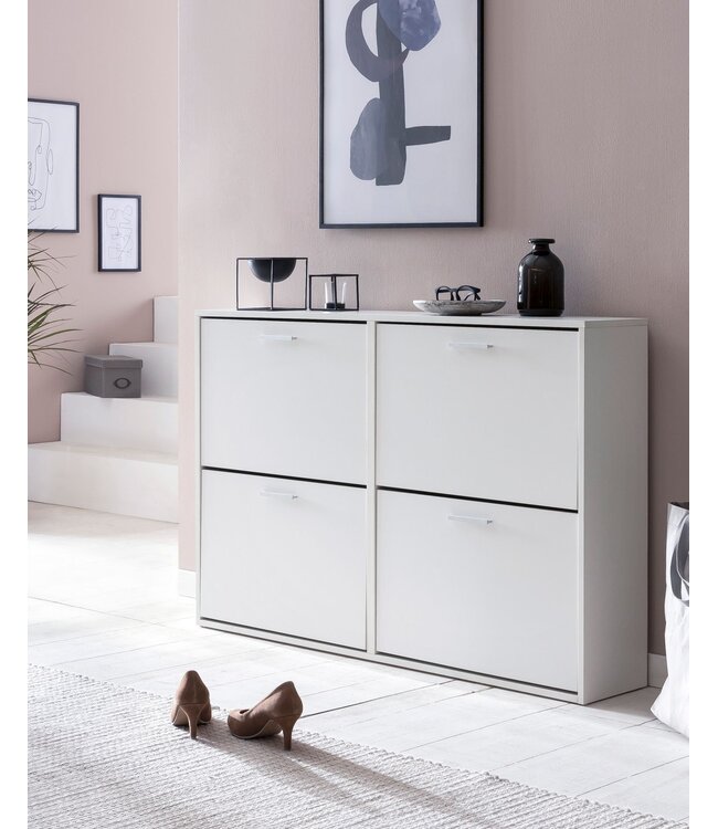 Wohnling Schoenenkast WL5.829 Modern 120 x 81 x 24 cm Houten Schoenenrek Wit 4 Vakken, Schoenlade Halmeubel met Plank, Design Schoenkipper Schoenopberger, Hoge Halcommode voor Schoenen