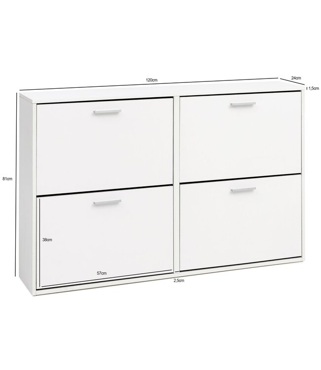Wohnling Schoenenkast WL5.829 Modern 120 x 81 x 24 cm Houten Schoenenrek Wit 4 Vakken, Schoenlade Halmeubel met Plank, Design Schoenkipper Schoenopberger, Hoge Halcommode voor Schoenen