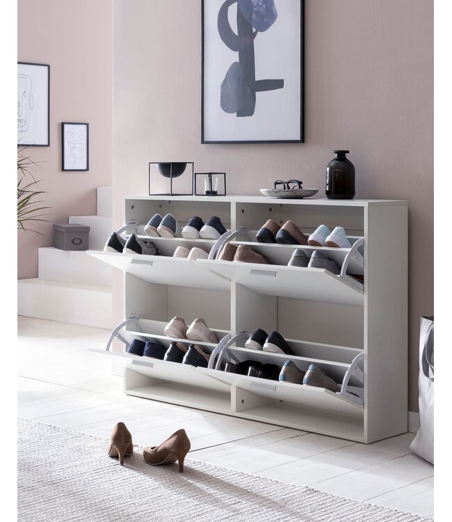 Wohnling Schoenenkast WL5.829 Modern 120 x 81 x 24 cm Houten Schoenenrek Wit 4 Vakken, Schoenlade Halmeubel met Plank, Design Schoenkipper Schoenopberger, Hoge Halcommode voor Schoenen