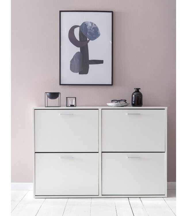 Wohnling Schoenenkast WL5.829 Modern 120 x 81 x 24 cm Houten Schoenenrek Wit 4 Vakken, Schoenlade Halmeubel met Plank, Design Schoenkipper Schoenopberger, Hoge Halcommode voor Schoenen