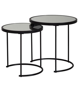 Wohnling Design Bijzettafel Rond Ø 50/42 cm - 2-delig Zwart met Spiegelglas, Salontafel 2-delige Set, Spiegeltafel, Bijzettafel
