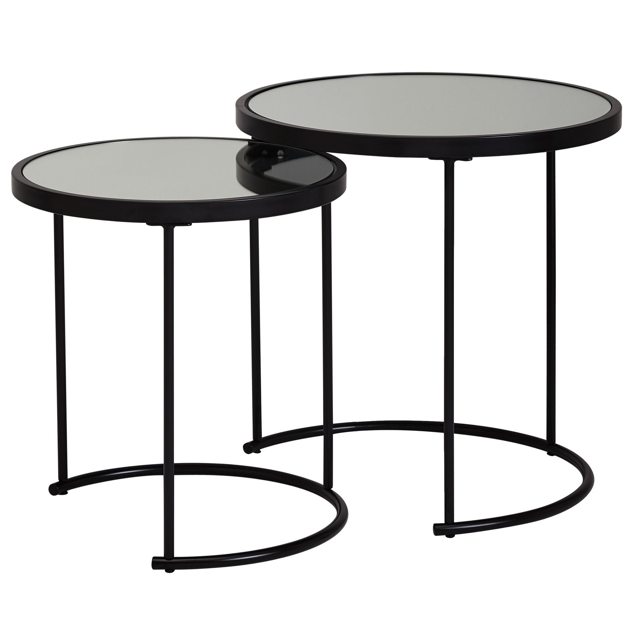 Design Bijzettafel Rond Ø 50/42 cm - 2-delig Zwart met Spiegelglas, Salontafel 2-delige Set, Spiegeltafel, Bijzettafel