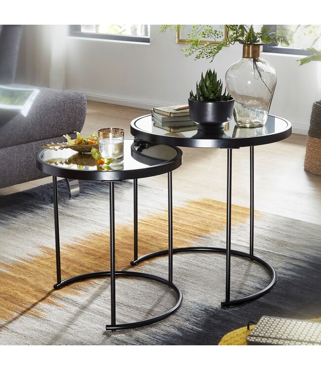 Wohnling Design Bijzettafel Rond Ø 50/42 cm - 2-delig Zwart met Spiegelglas, Salontafel 2-delige Set, Spiegeltafel, Bijzettafel