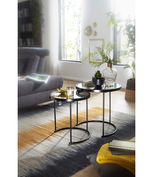 Wohnling Design Bijzettafel Rond Ø 50/42 cm - 2-delig Zwart met Spiegelglas, Salontafel 2-delige Set, Spiegeltafel, Bijzettafel