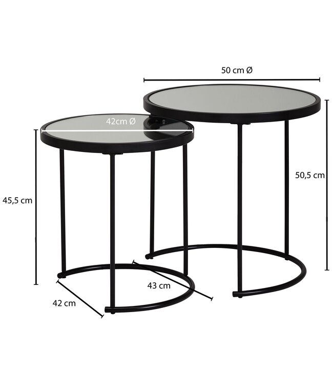 Wohnling Design Bijzettafel Rond Ø 50/42 cm - 2-delig Zwart met Spiegelglas, Salontafel 2-delige Set, Spiegeltafel, Bijzettafel