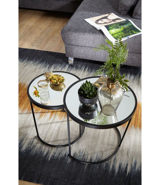 Wohnling Design Bijzettafel Rond Ø 50/42 cm - 2-delig Zwart met Spiegelglas, Salontafel 2-delige Set, Spiegeltafel, Bijzettafel