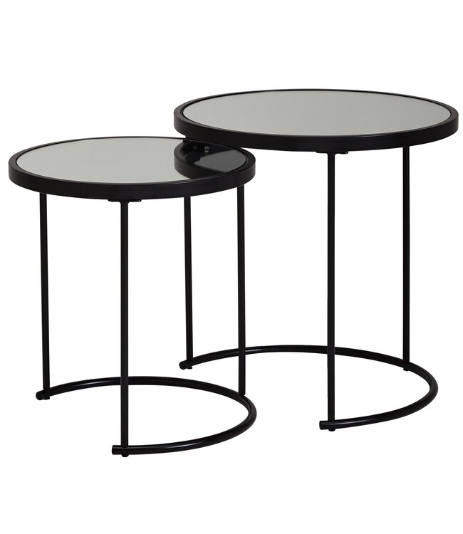 Wohnling Design Bijzettafel Rond Ø 50/42 cm - 2-delig Zwart met Spiegelglas, Salontafel 2-delige Set, Spiegeltafel, Bijzettafel